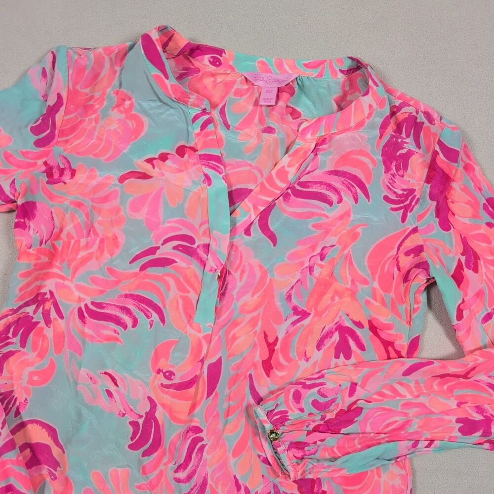 Lilly Pulitzer Stacey 100% Silk Popover Blouse Pink Love Birds XXS Boho Beach